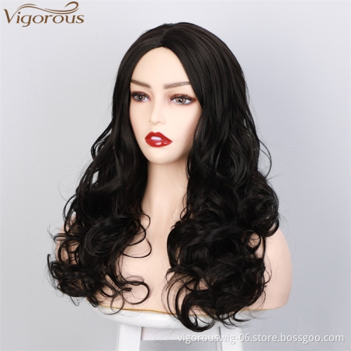 Vigorous Long Black Wavy Wig Synthetic Wave Wigs for Black Women Natural Middle Part Wigs Heat Resistant Hair Wholesale